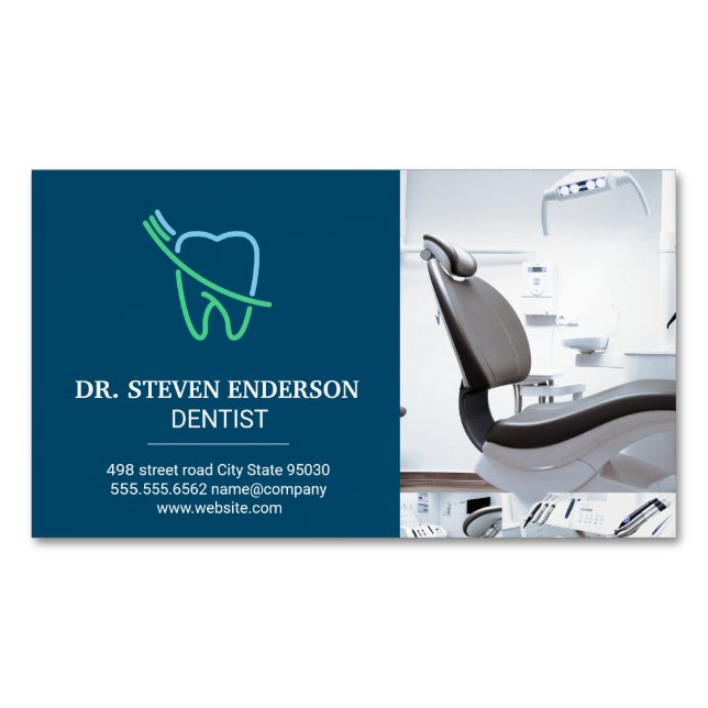 Tooth and Brush Logo | Dental Office Chair Business Card Magnet (Front)