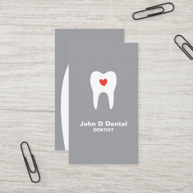 Tooth and heart gray dental dentist business card (Front/Back In Situ)