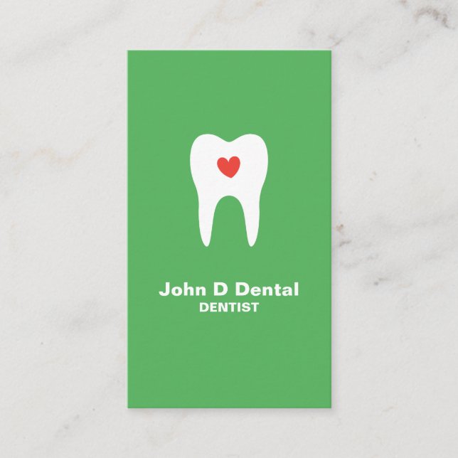 Tooth and heart green dental dentist business card (Front)