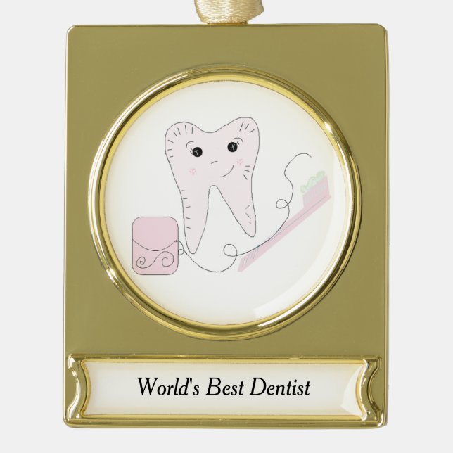 Tooth and Toothbrush Gold Plated Banner Ornament (Front)