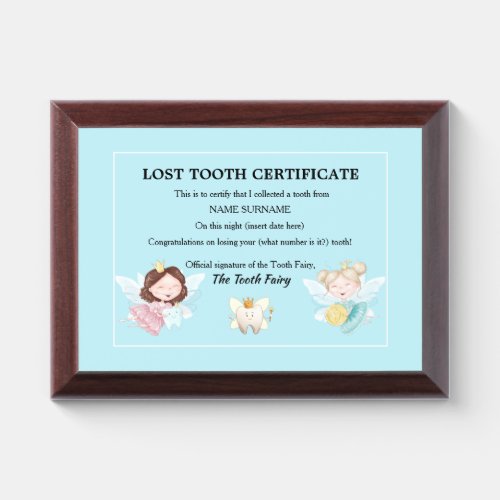 Tooth fairy certificate  blue gold crown coin  award plaque