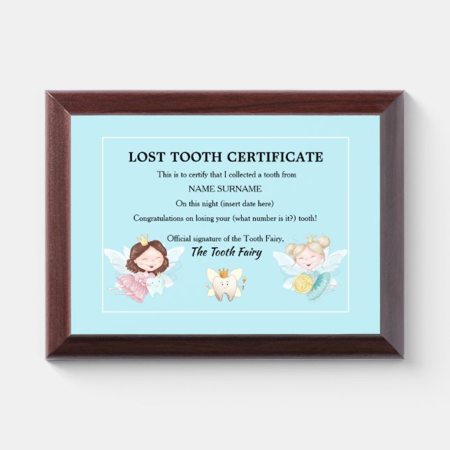 Tooth fairy certificate | blue gold crown coin  award plaque (Horizontal)