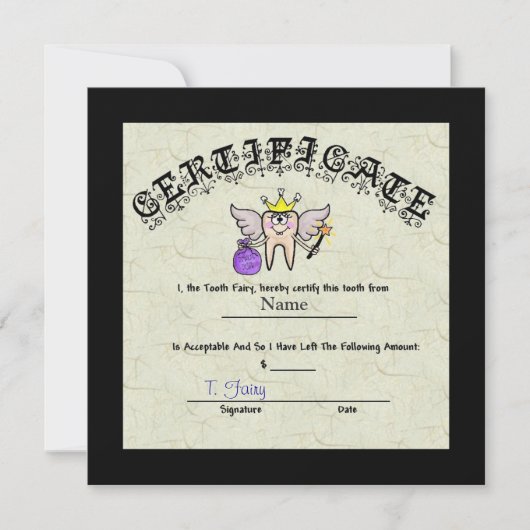 Tooth Fairy Certificate Customize It! (Front)