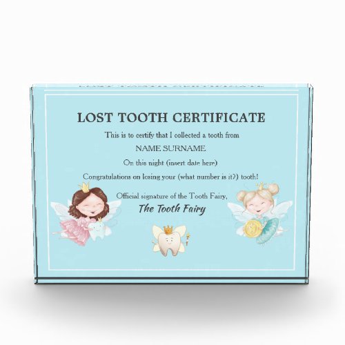 Tooth fairy certificate  fairies gold coin blue acrylic award