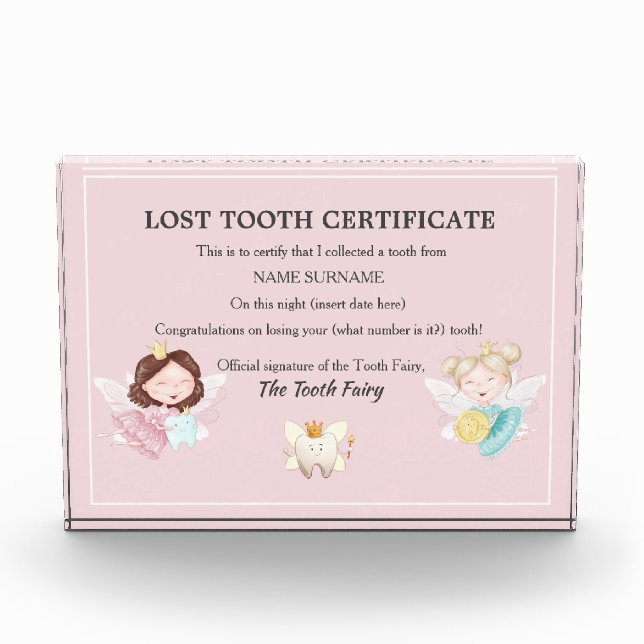 Tooth fairy certificate | fairies gold coin pink acrylic award (Front)