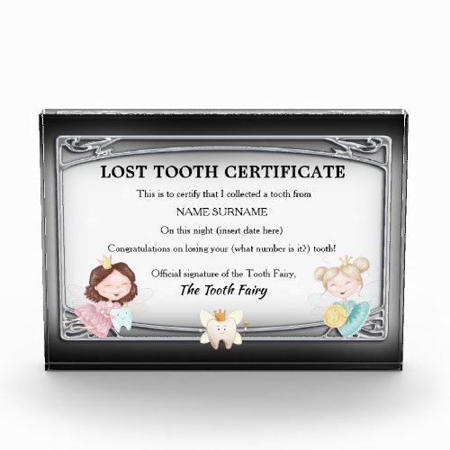 Tooth fairy certificate  fairies with tooth coin  acrylic award