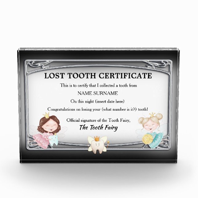 Tooth fairy certificate | fairies with tooth coin  acrylic award (Front)