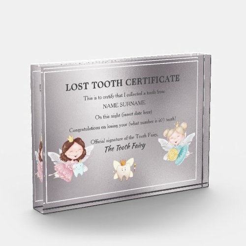 Tooth fairy certificate  fairies with tooth coin  acrylic award