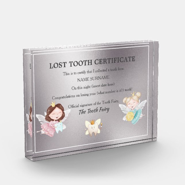 Tooth fairy certificate | fairies with tooth coin  acrylic award (Left)