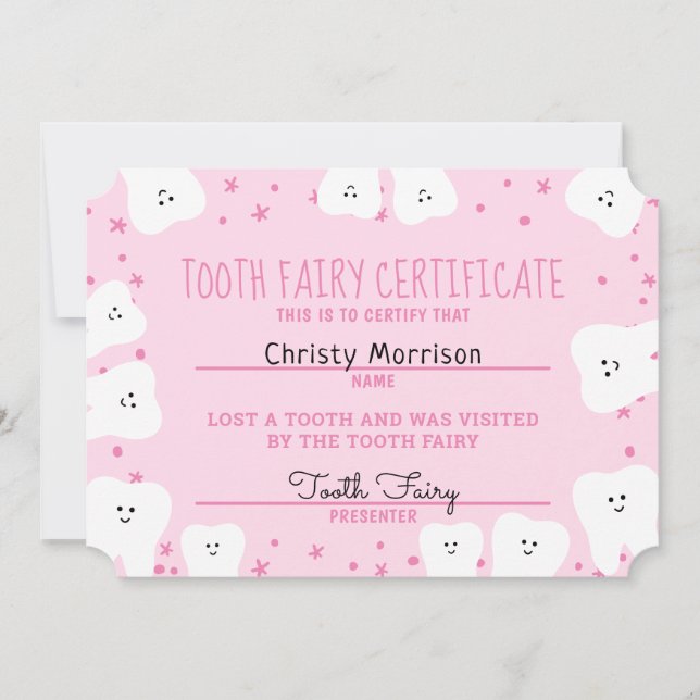 Tooth Fairy Certificate Girl 3 Invitation (Front)