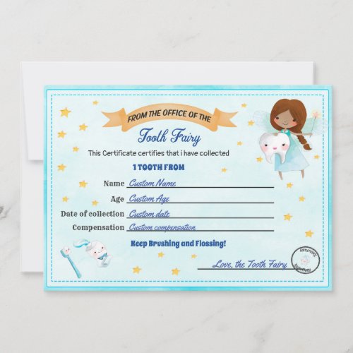 Tooth Fairy Certificate Lost tooth receipt Invitation