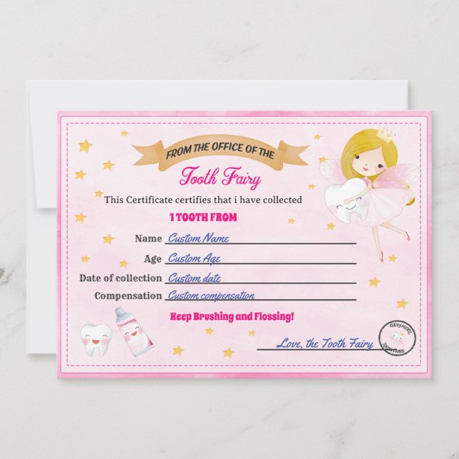 Tooth Fairy Certificate - Lost Tooth Receipt Invitation (Front)
