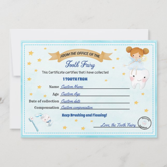 Tooth Fairy Certificate Lost tooth receipt Invitation (Front)
