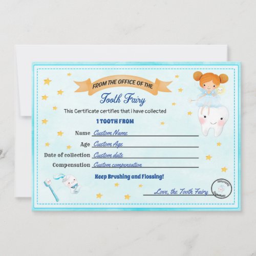 Tooth Fairy Certificate Lost tooth receipt Invitation