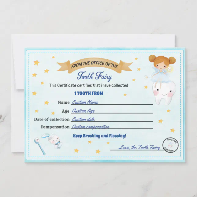 Tooth Fairy Certificate Lost tooth receipt Invitation | Zazzle