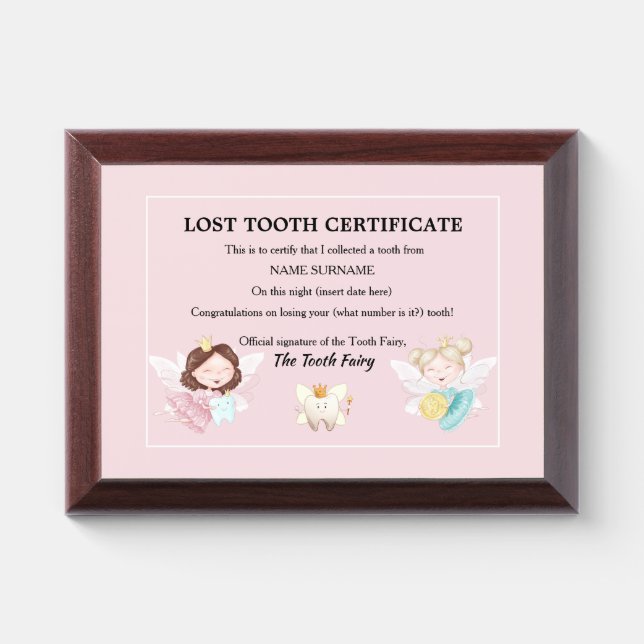 Tooth fairy certificate | pink gold crown coin award plaque (Horizontal)