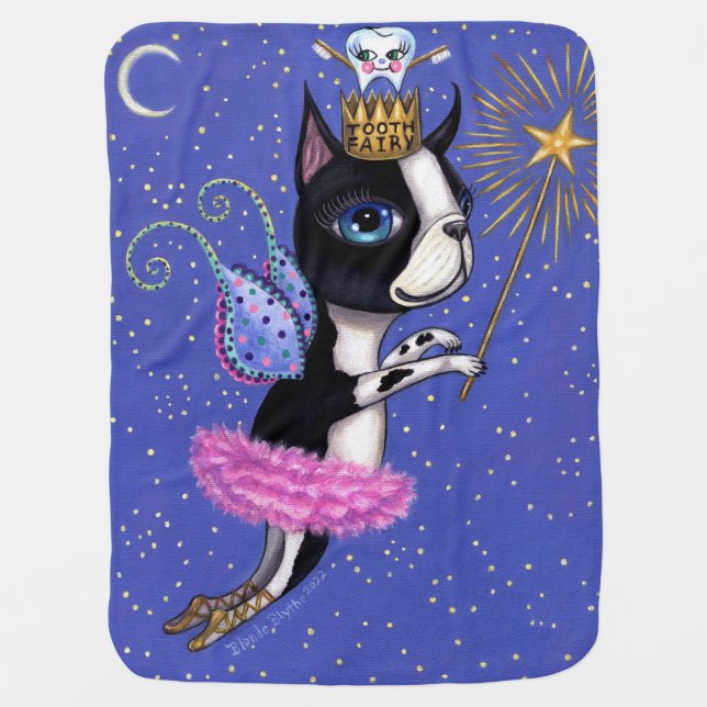 Tooth Fairy Dog Boston Terrier Pink Tutu Crown Baby Blanket (Front)