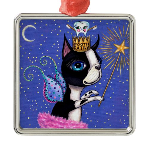 Tooth Fairy Dog Boston Terrier Pink Tutu Crown Metal Ornament