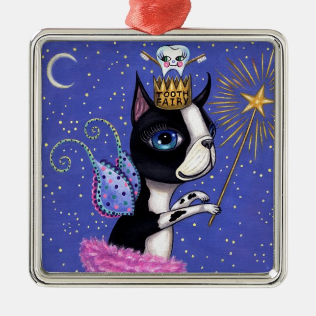 Tooth Fairy Dog Boston Terrier Pink Tutu Crown Metal Ornament (Front)