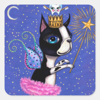 Tooth Fairy Dog Boston Terrier Pink Tutu Crown Square Sticker