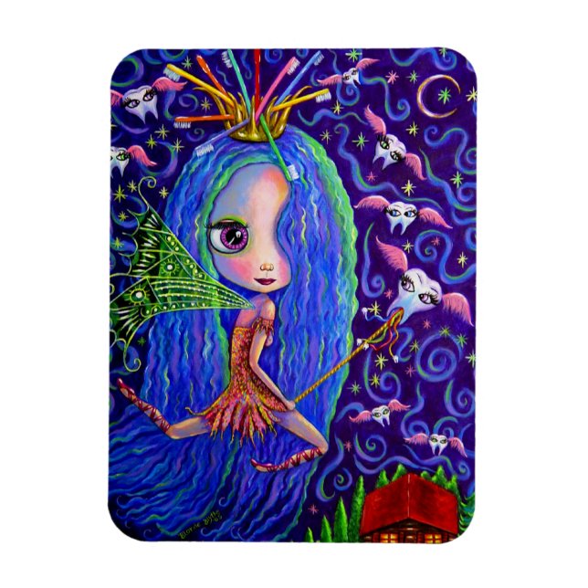 Tooth Fairy Doll Big Eyes and Toothbrush Crown Magnet (Vertical)
