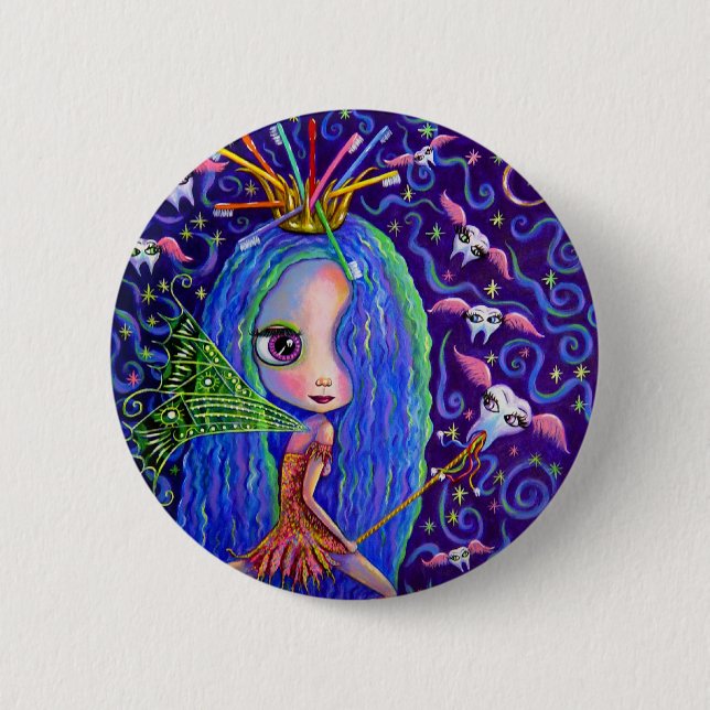 Tooth Fairy Flying Teeth Toothbrush Crown Big Eyes Button (Front)