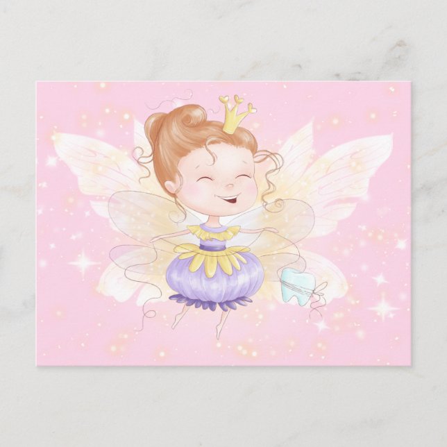 Tooth fairy letter | cute princess with tooth pink postcard (Front)
