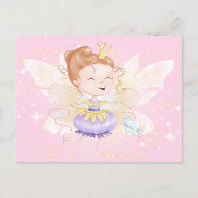 Tooth fairy letter | cute princess with tooth pink postcard | Zazzle