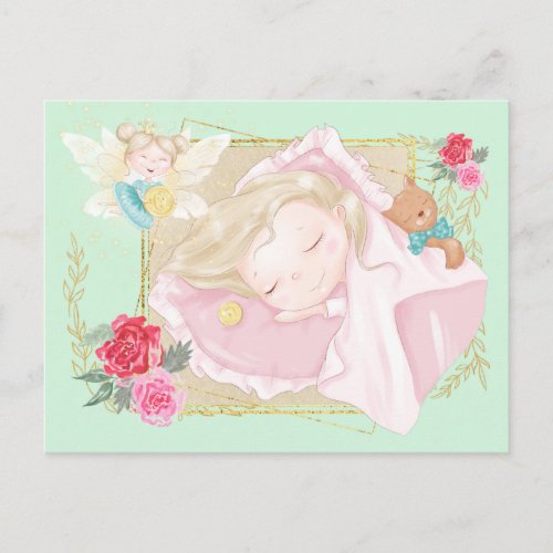 Tooth fairy letter girl sleeping pillow gold coin postcard
