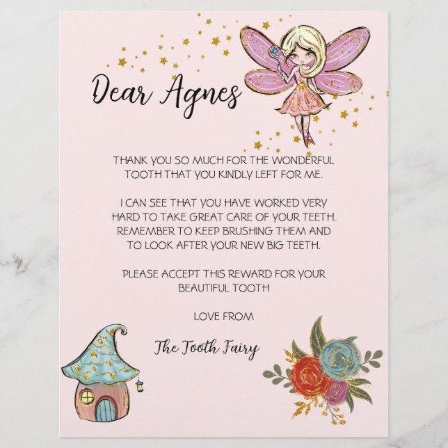 Tooth Fairy Letter, Personalized Tooth Fairy Card (Front)