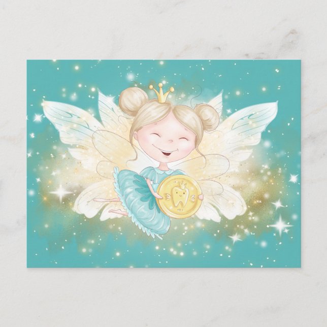 Tooth fairy letter princess with gold coin teal postcard (Front)