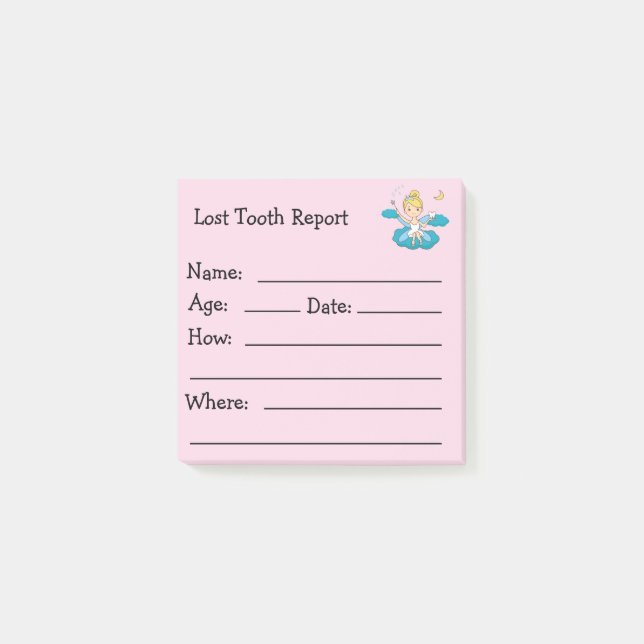 Tooth Fairy Lost Tooth Report Kids Notes (Front)