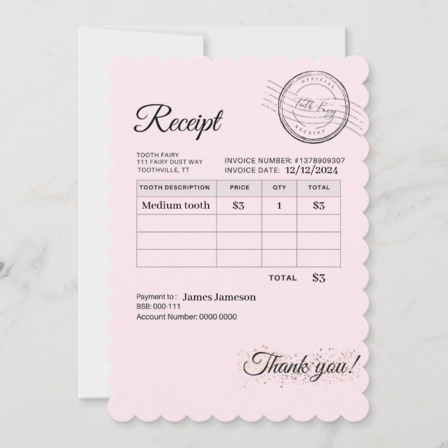 Tooth Fairy Payment Receipt Kids Magic Note Card (Front)