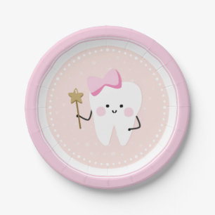 Tooth Fairy pink white party decor. Paper Plate
