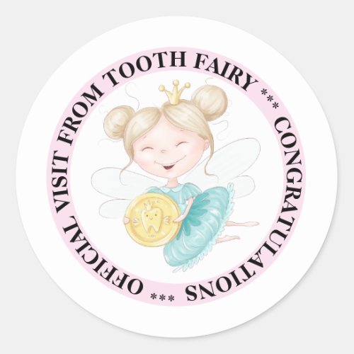 Tooth fairy princess gold coin tooth imprint pink classic round sticker