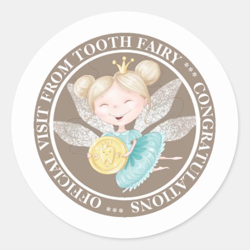 Tooth fairy princess holding gold coin circle text classic round sticker