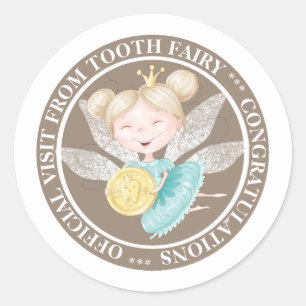 Tooth fairy princess holding gold coin circle text classic round sticker