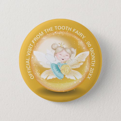 Tooth fairy princess with gold coin shimmer dust button