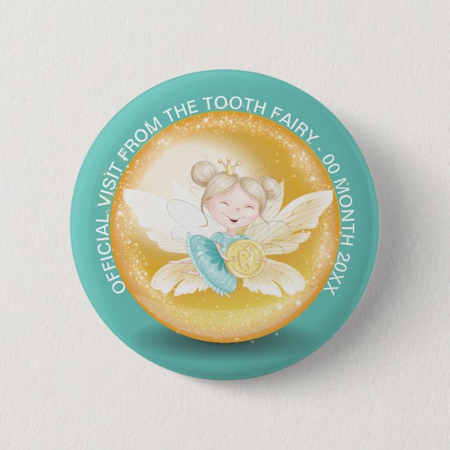 Tooth fairy princess with gold coin shimmer teal button (Front)