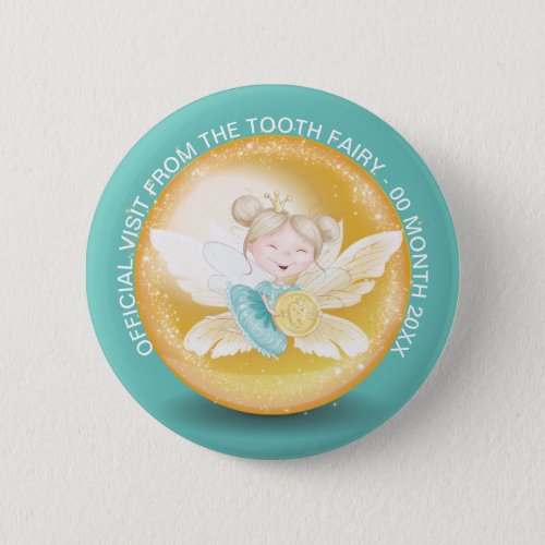 Tooth fairy princess with gold coin shimmer teal button