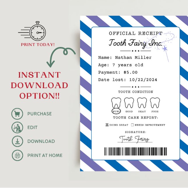 Tooth Fairy Receipt Printable Invitation (tooth fairy receipt, tooth fairy note, tooth fairy delay notification, tooth fairy)