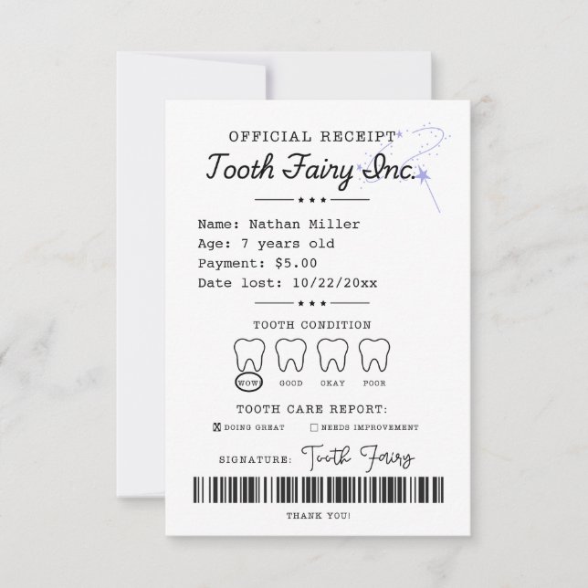 Tooth Fairy Receipt Printable Invitation (Front)