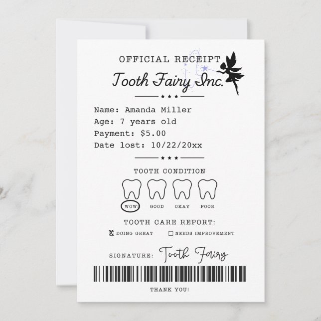 Tooth Fairy Receipt Printable Invitation (Front)