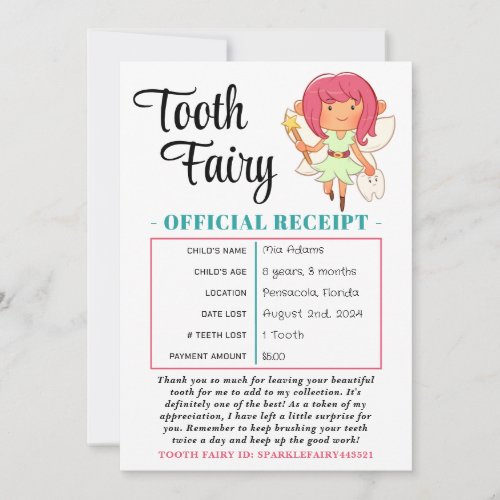 Tooth Fairy Receipt Tooth Loss Certificate Invitation
