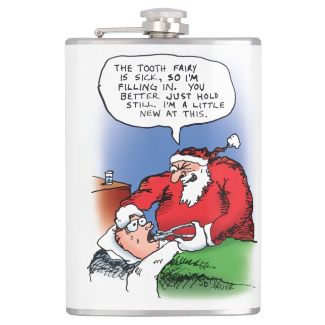 Tooth Fairy Santa Funny Christmas Cartoon Flask (Front)