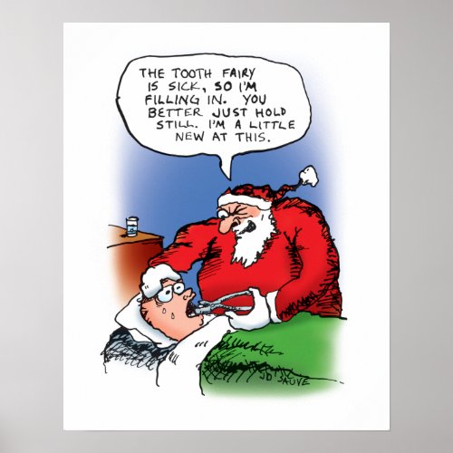 Tooth Fairy Santa Funny Christmas Cartoon Poster