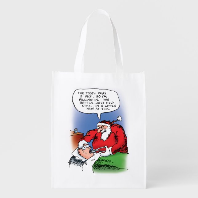 Tooth Fairy Santa Funny Christmas Cartoon Reusable Grocery Bag (Front)