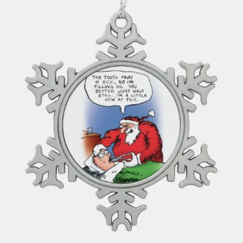 Tooth Fairy Santa Funny Christmas Cartoon Snowflake Pewter Christmas Ornament by BastardCard at Zazzle