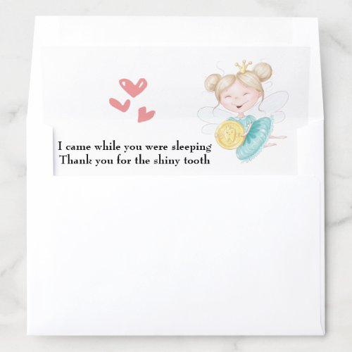 Tooth fairy with gold coin pink heart thank you  envelope liner