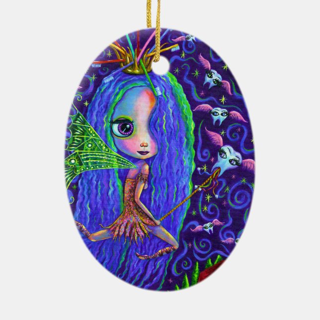 Tooth Fairy with Toothbrush Crown & Flying Teeth Ceramic Ornament (Back)